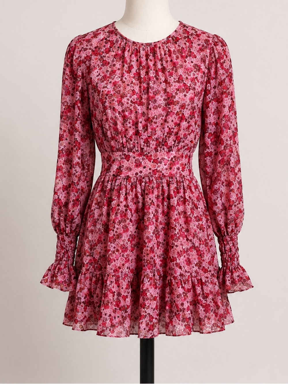 By TiMo Soft Organza Feminine  Mini Dress Gathered Sleeves Floral